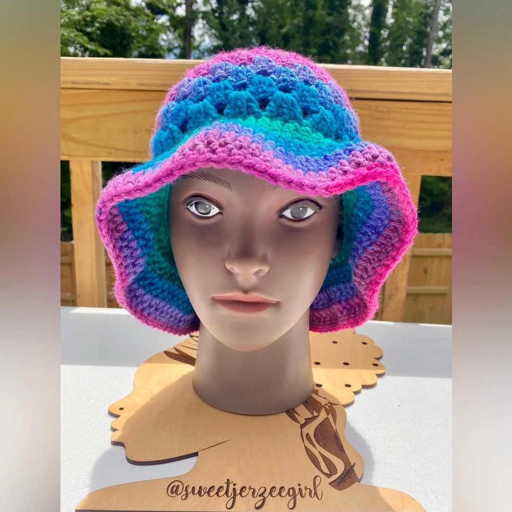 Handmade Bon Bon Purple & Blue Acrylic Granny Stitch Crochet Bucket Hat